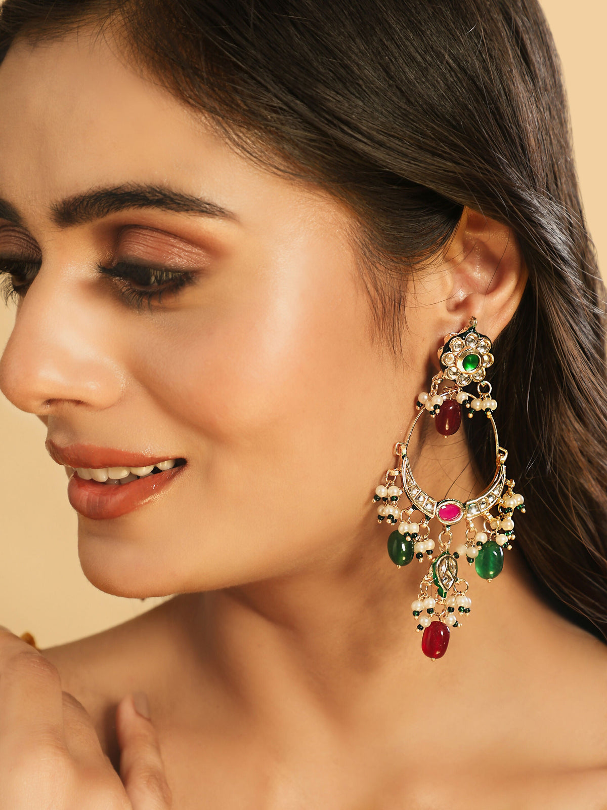 Nuyug 22K Gold Plated Crescent Kundan Drop Red Stone Chandbali Earrings | Grocsy