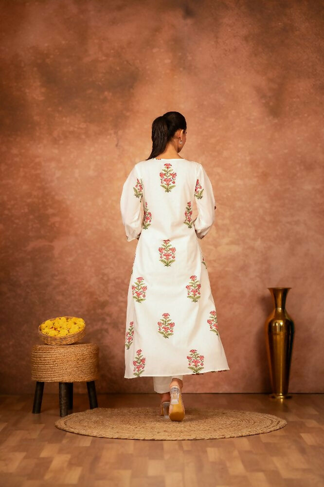 Joban Fashion Off White Pink Floral Hand Block Printed Cotton Kurta Pant Set | Grocsy