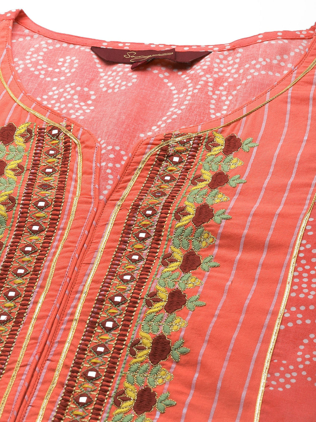 Sangria Women Peach-Coloured Ethnic Printed Mirror Work Pure Cotton Kurta with Trousers | Grocsy