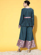 InWeave Women's Teal Mauve Brocade Mughal Shaan Kurta Palazzo Set | Grocsy
