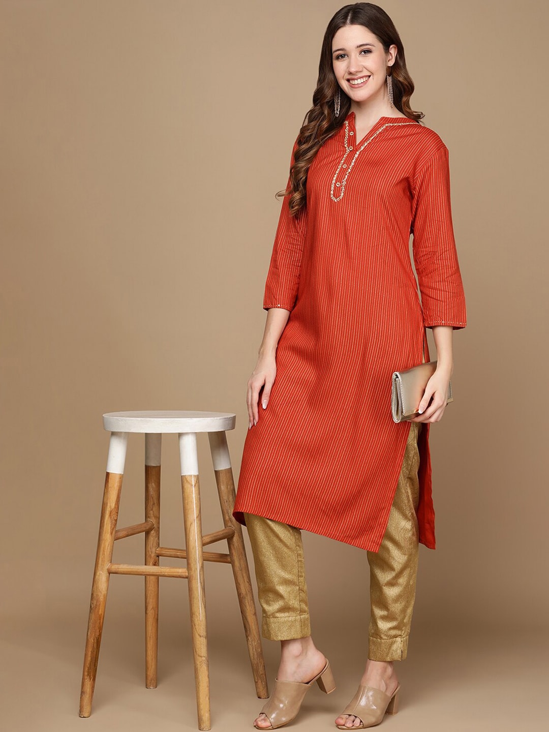 HERE&NOW Orange & Gold-Toned Mandarin Collar Striped Sequined Straight Kurta | Grocsy