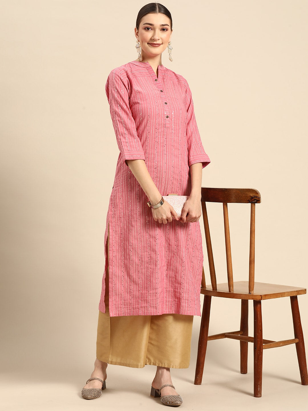Sangria Women Peach-Coloured & White Striped Mandarin Collar Kurta | Grocsy