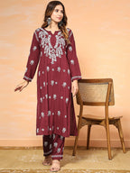 HOUSE OF KARI Floral Embroidered Chikankari Pure Cotton Straight Kurta With Trousers | Grocsy