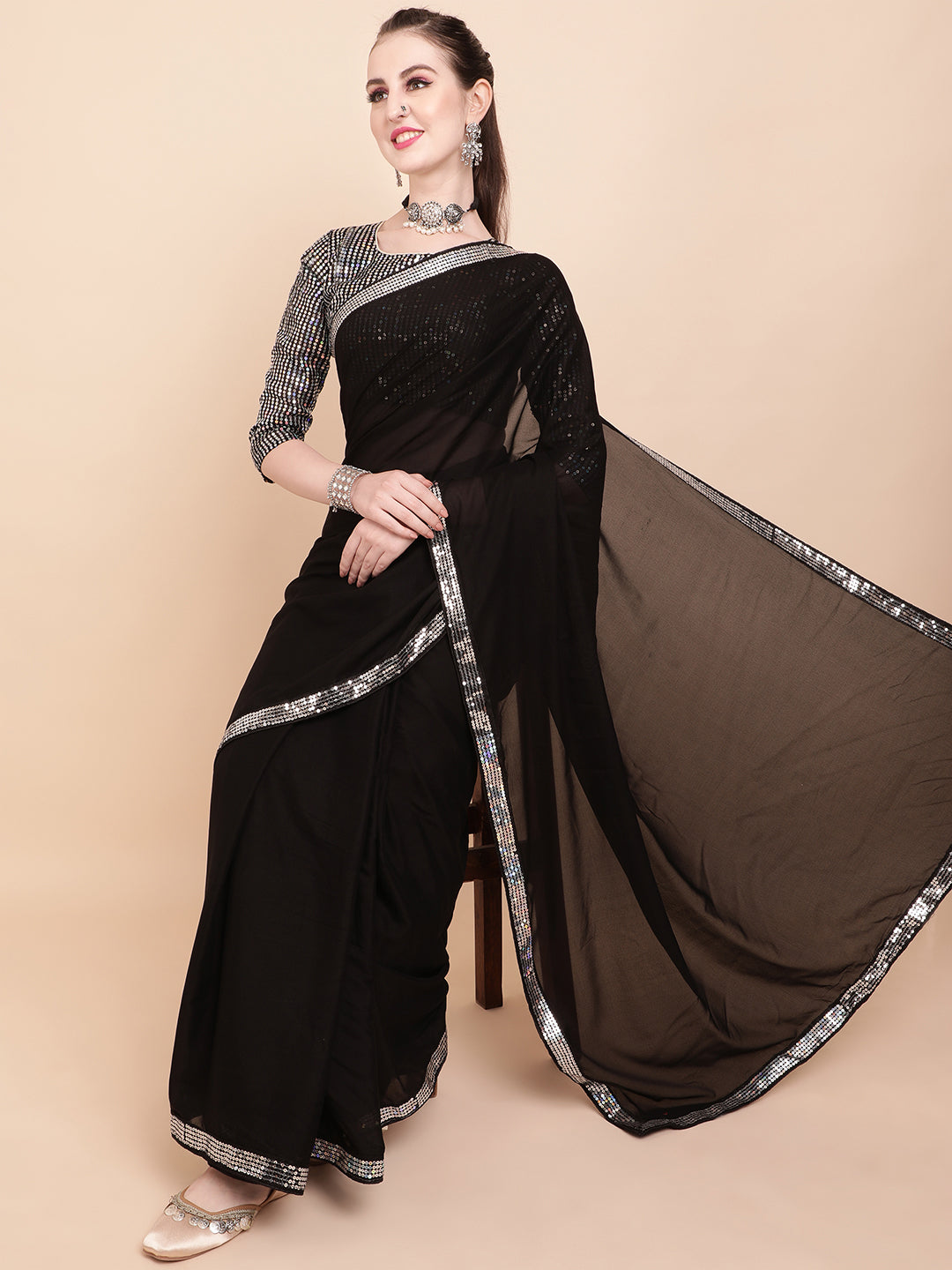 Sangria Black & Silver-Toned Sequinned Pure Georgette Celebrity Saree | Grocsy