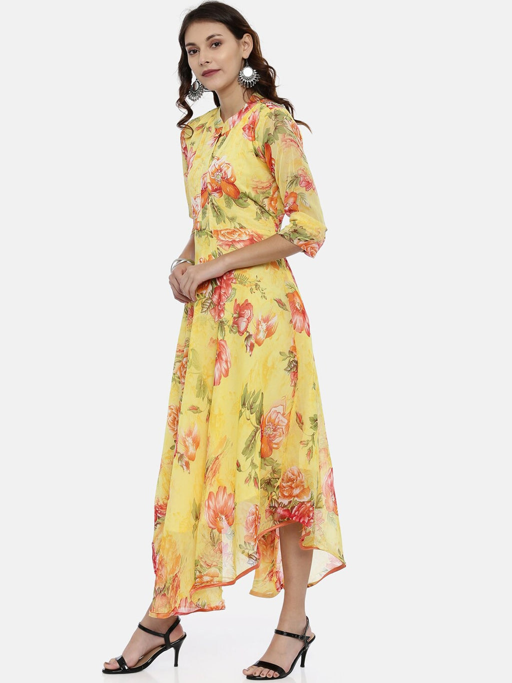 Souchii Yellow Printed Maxi Dress | Grocsy
