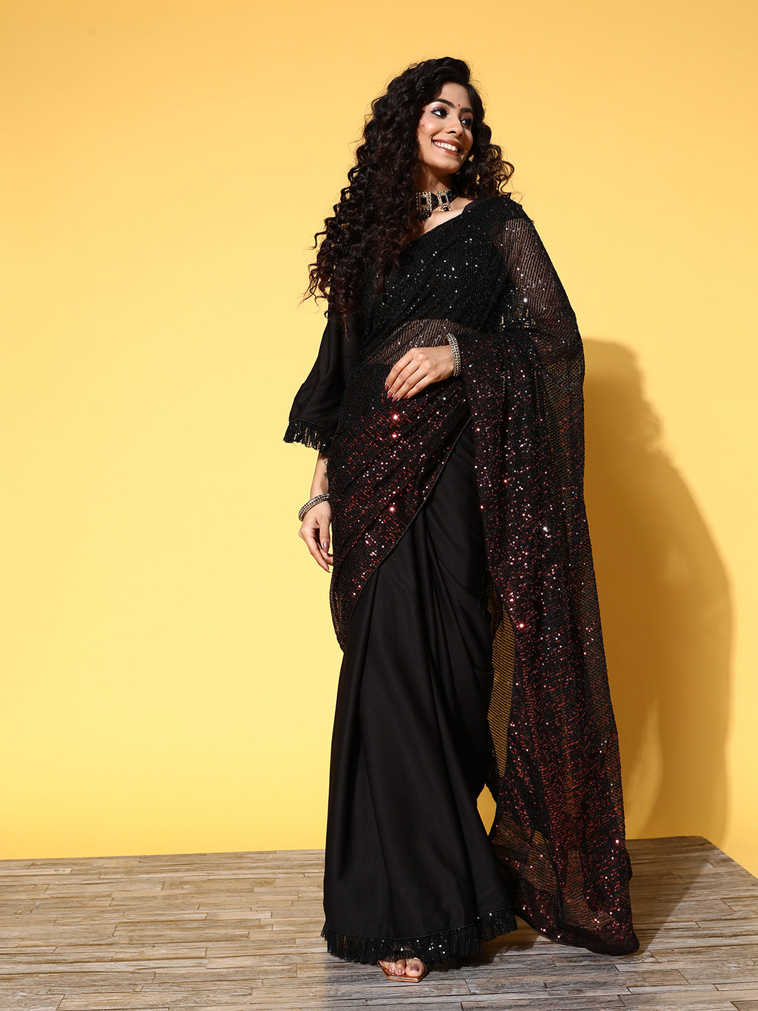 Tikhi Imli Woman Embellished Sequinned Satin Saree | Grocsy