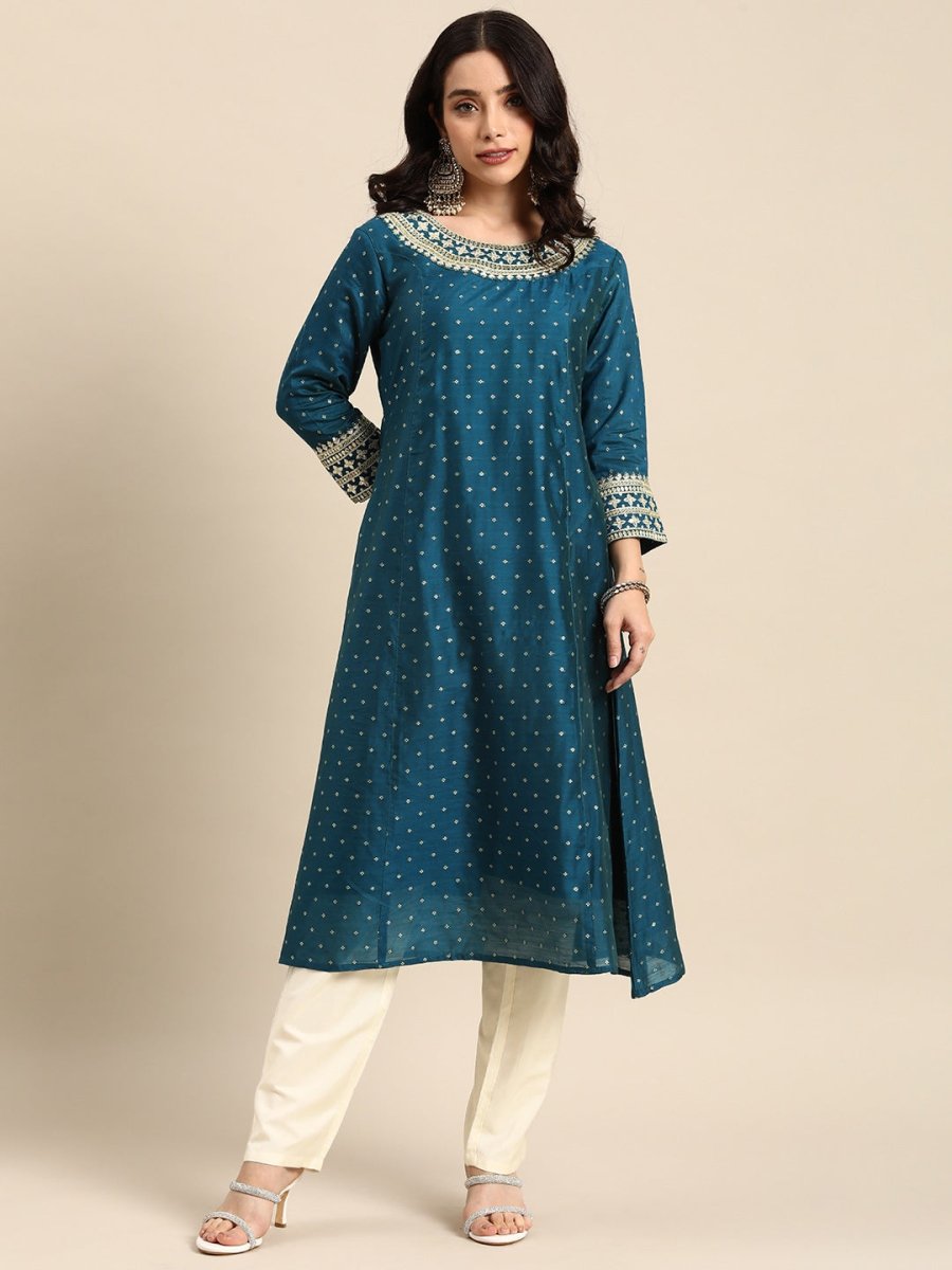 All About You Ethnic Motifs Embroidered Sequinned Kurta With Trousers | Grocsy