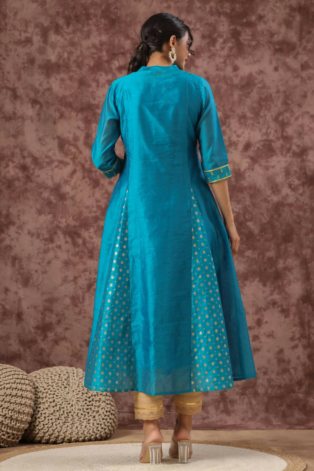 Juniper Women Teal Chanderi Silk Embroidered & Printed Anarkali Kurta | Grocsy