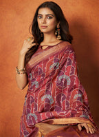 Maroon Rangkat and Crepe Silk Floral Saree With Unstitched Blouse Piece - Mohmanthan Royal Saachi | Grocsy