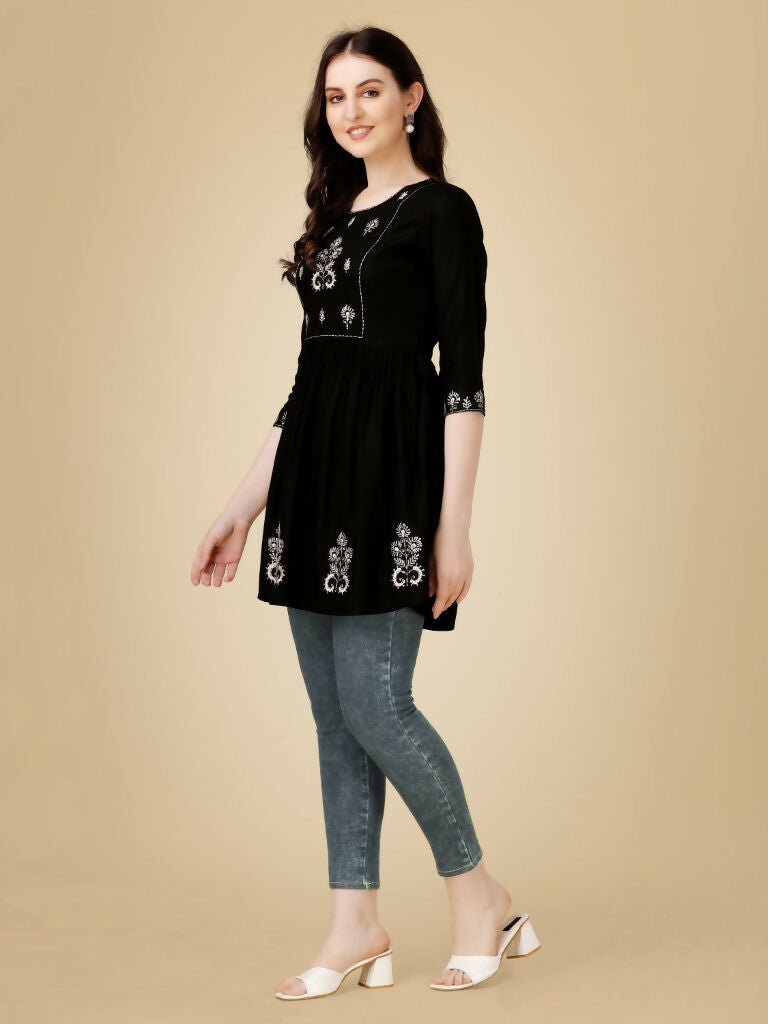 Jyoti Fashion Women's Black Viscose Rayon Embroidered Casual Top | Grocsy
