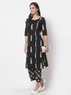 Myshka Women's Black Cotton Blend Printed 3/4 Sleeve Round Neck Casual Kurta & Palazzo Set | Grocsy