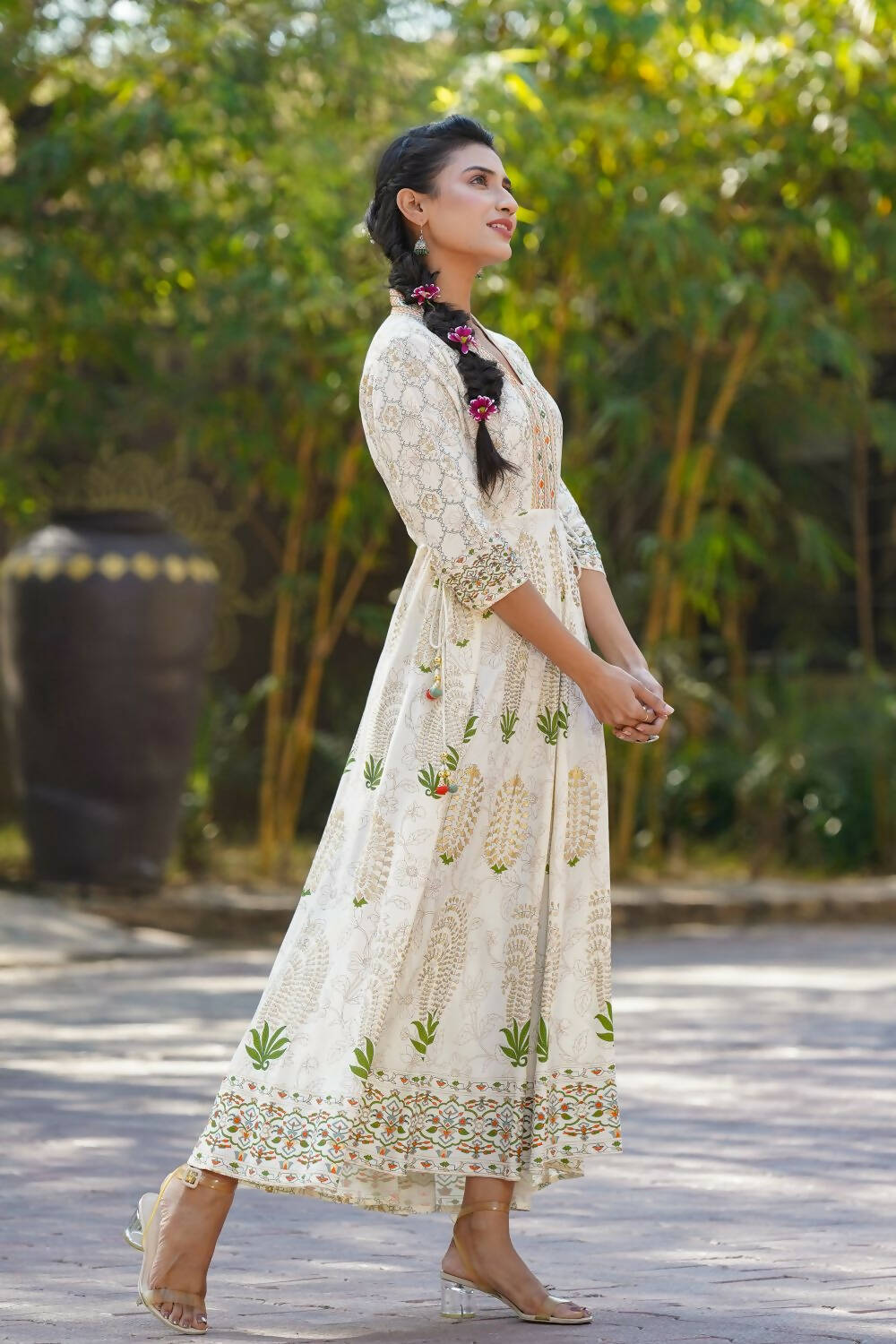 Juniper Womens Ivory Rayon Foil Printed Circular Maxi Dress With Mirror Embroidery | Grocsy