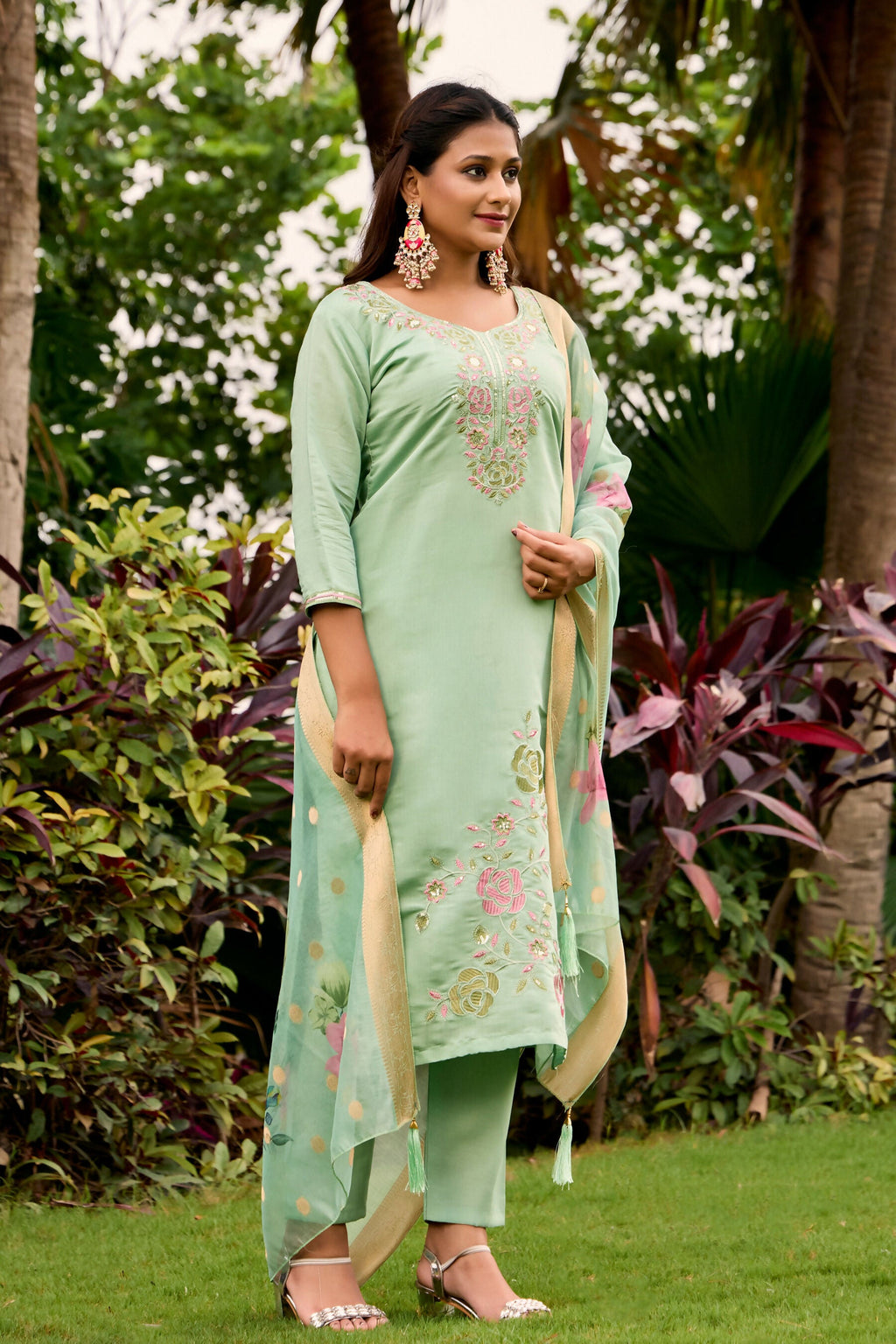 The52 Women's Beautiful Embroidery Work Roman Fabric Straight Kurta Pant and Dupatta Set | Grocsy