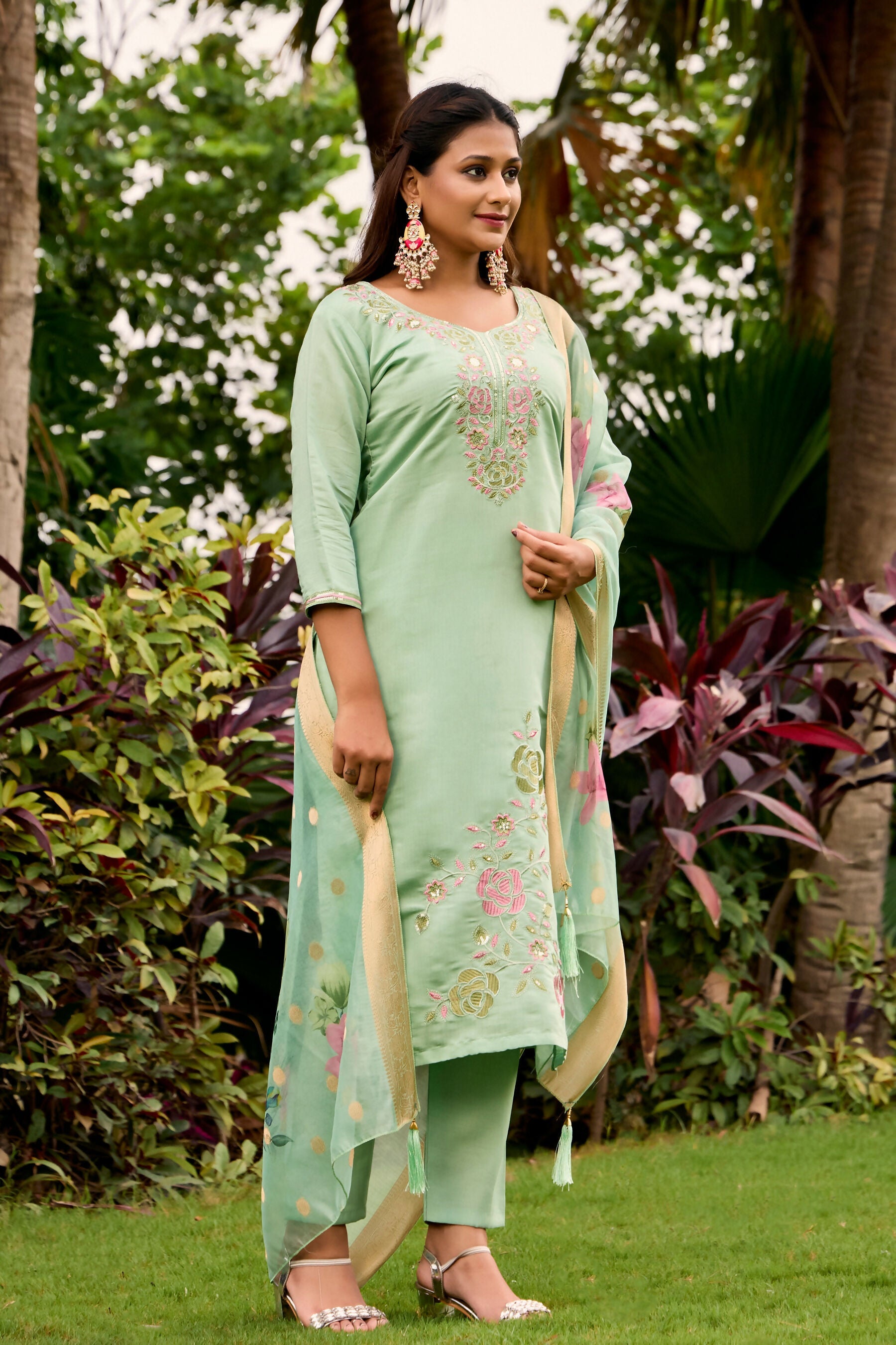 The52 Women's Beautiful Embroidery Work Roman Fabric Straight Kurta Pant and Dupatta Set | Grocsy