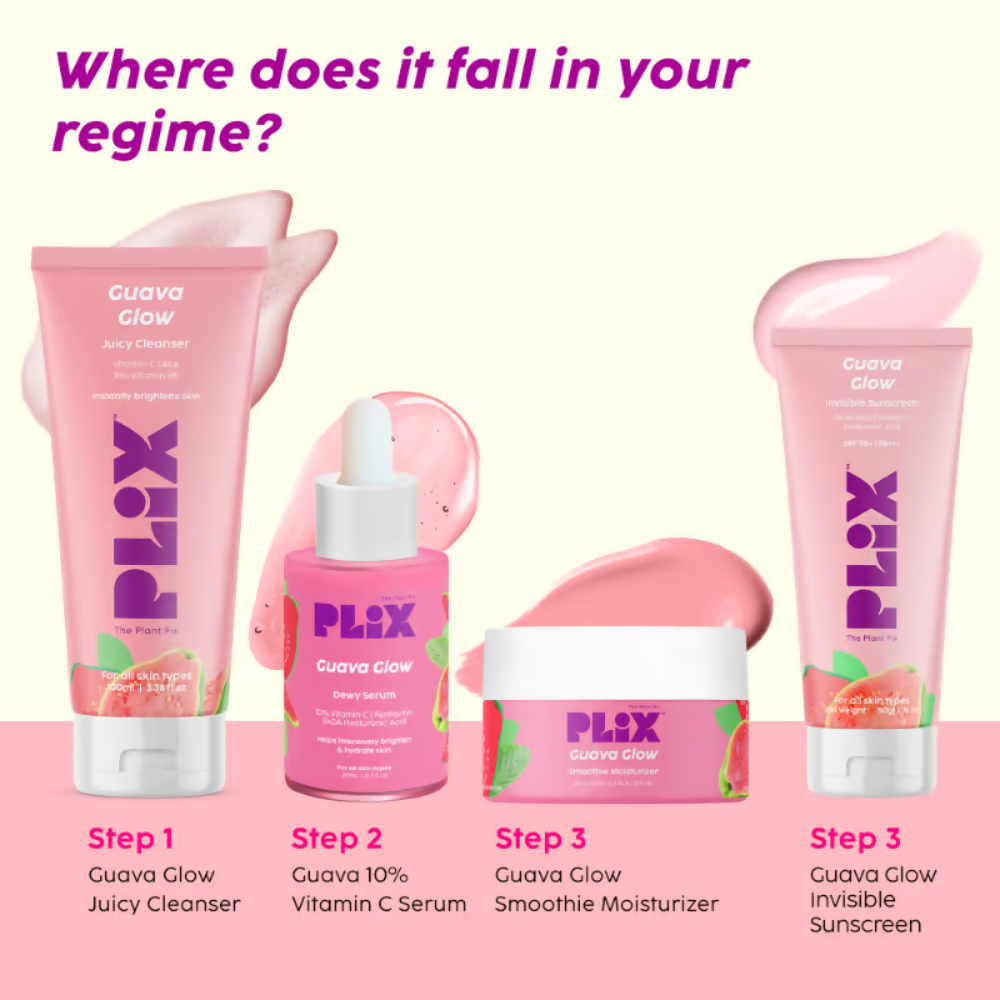 PLIX The Plant Fix Guava Glow Regime With Cleanser With 10% Vitamin C Serum & Invisible Sunscreen | Grocsy