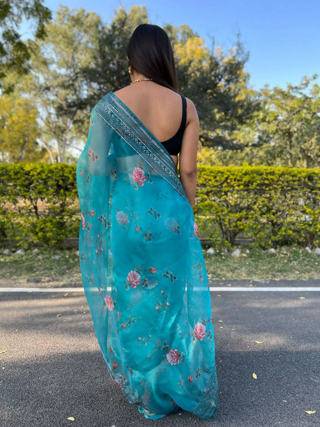 Vamsee Sky Blue Organza Saree | Grocsy