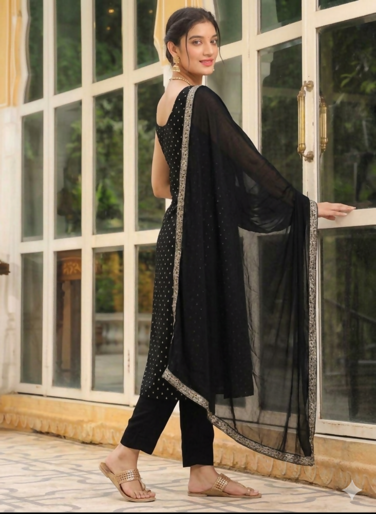 Teeya Creation Womens New Elegant Black Embroidered Kurti with Matching Bottom Set | Grocsy