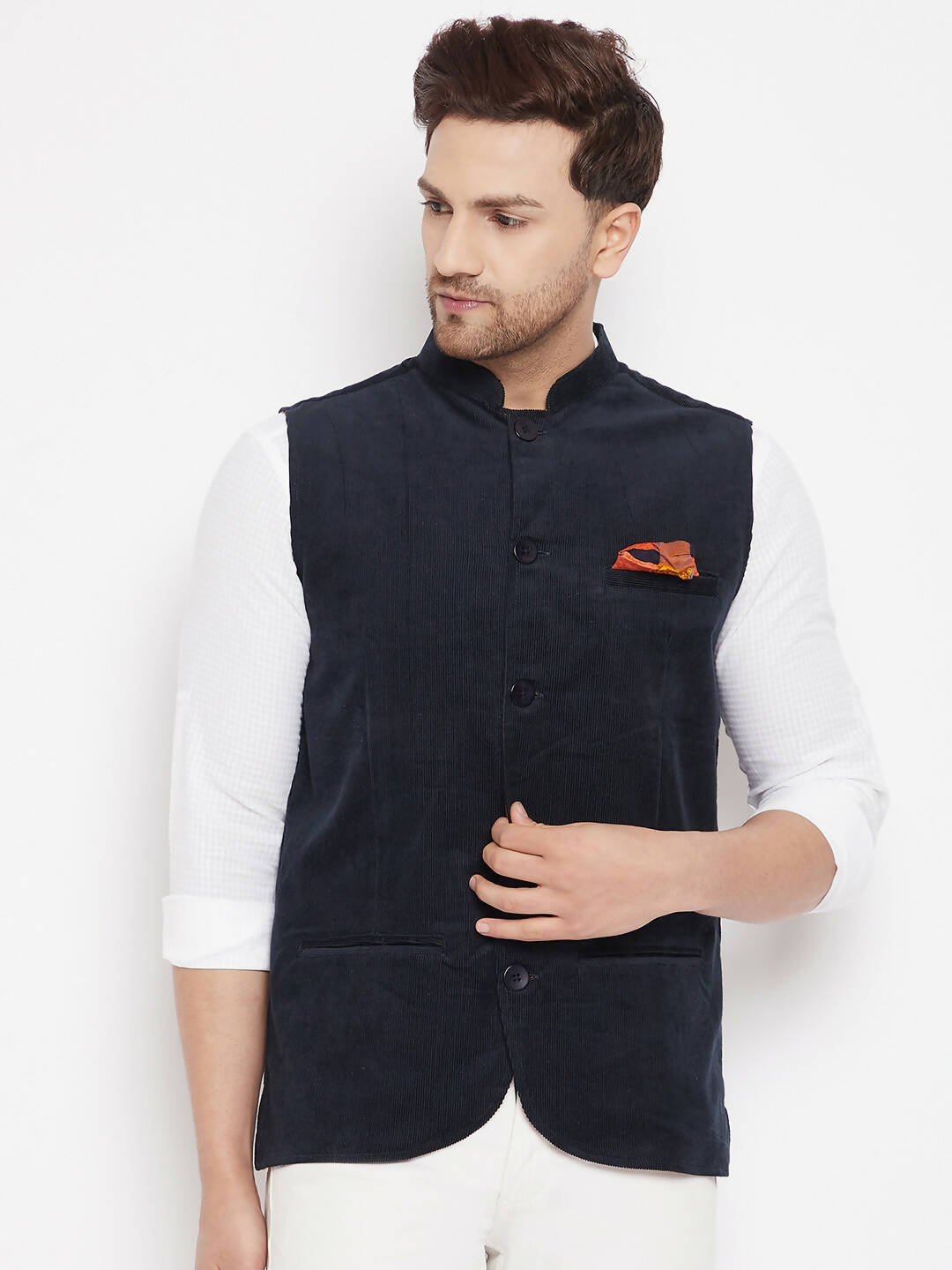 Even Apparels Navy Polyester Men's Nehru Jacket-Contrast Lining-Inbuilt Pocket Square | Grocsy