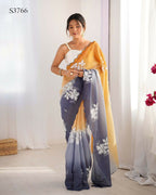 Orange and Grey Crunchy Crush Pedding Color Embroidery Work Party Wear Saree - Zuleika | Grocsy