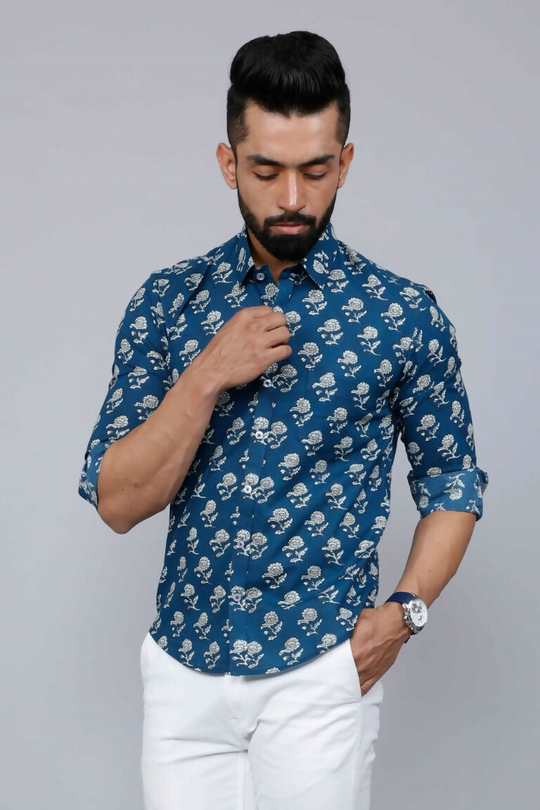 Miravan Men's Blue Spread Collar Floral Print Casual Shirt | Grocsy