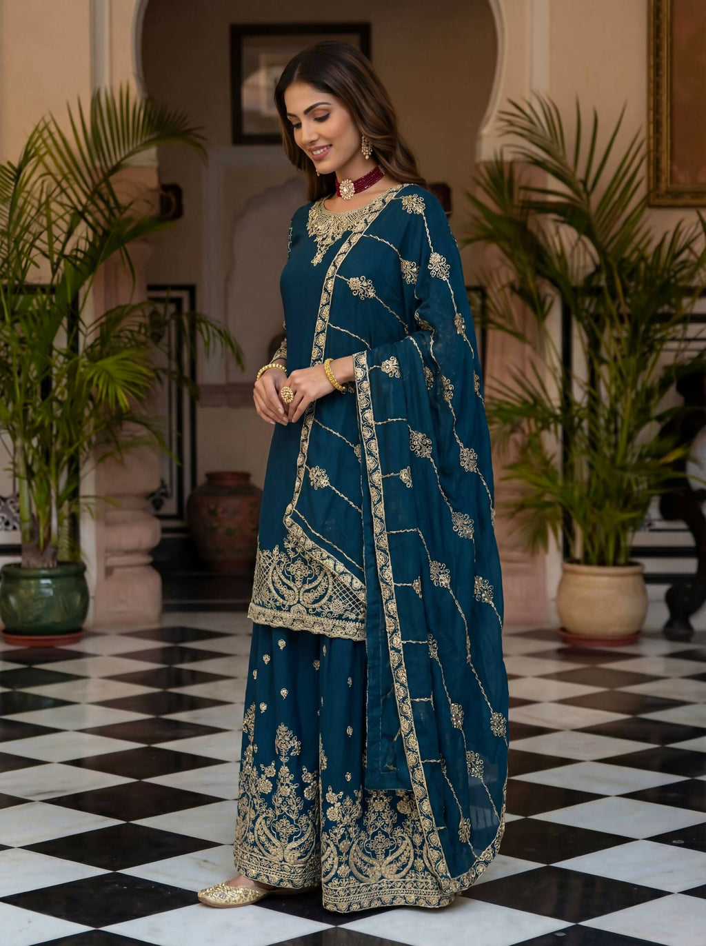 Teeya Creation New Trendy Traditional Wear Sharara with Heavy Border Dupatta Set - Teal | Grocsy