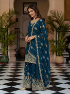 Teeya Creation New Trendy Traditional Wear Sharara with Heavy Border Dupatta Set - Teal | Grocsy