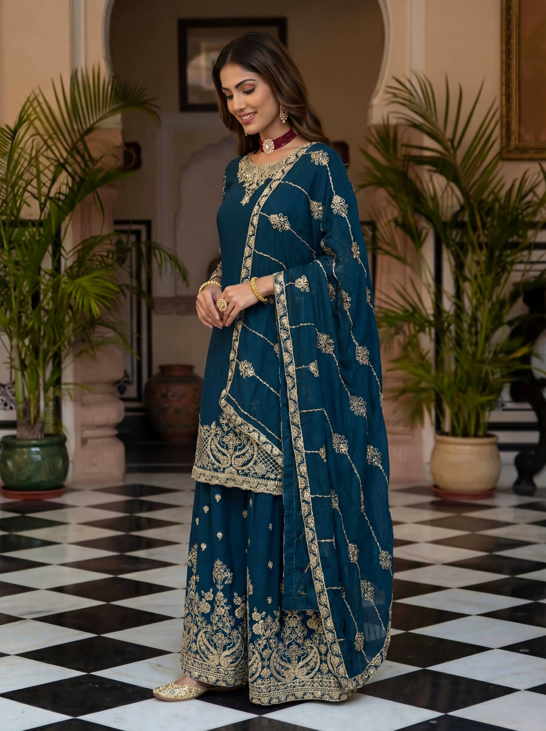 Teeya Creation New Trendy Traditional Wear Sharara with Heavy Border Dupatta Set - Teal | Grocsy
