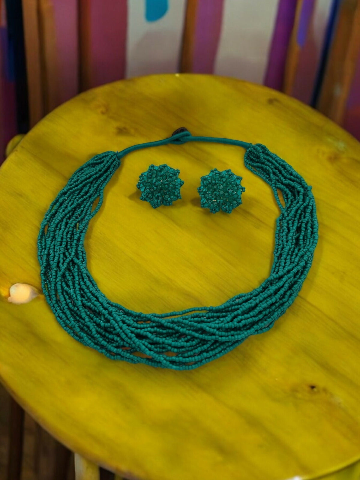 Inhanns Vibrant Handmade 20 Layers Beaded Necklace With Matching Earrings - Sea Green | Grocsy