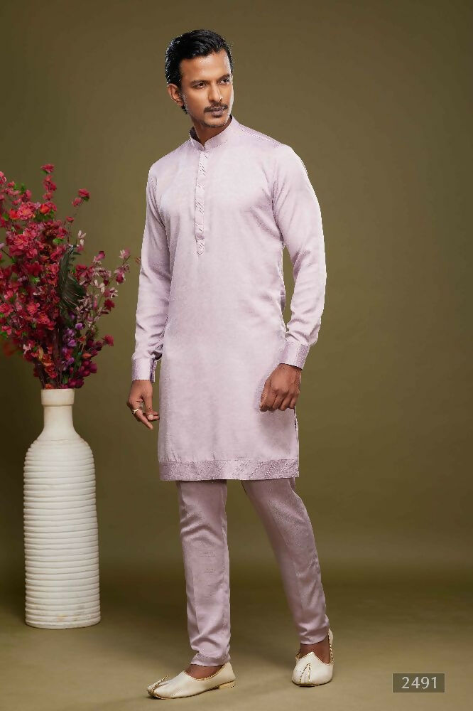 Raivat Ethnic Art Banarasi Silk Thread Work Kurta Pajama In Onion Pink Colour | Grocsy