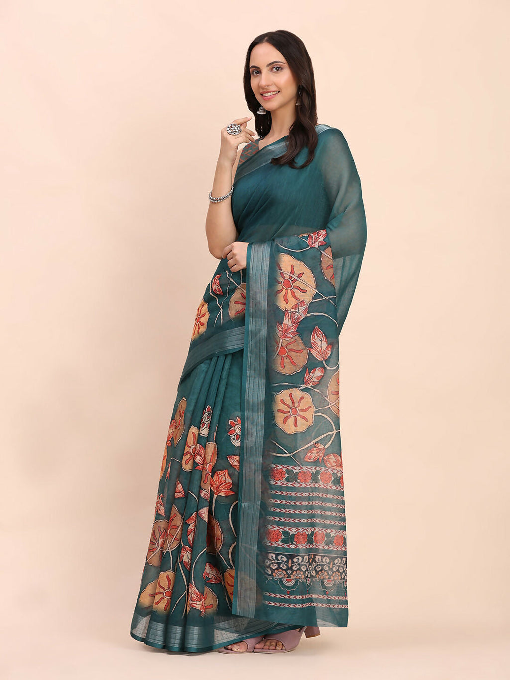 Shree Shyam Fashion Linen Cotton Teal Blue Saree | Grocsy