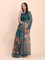 Shree Shyam Fashion Linen Cotton Teal Blue Saree | Grocsy