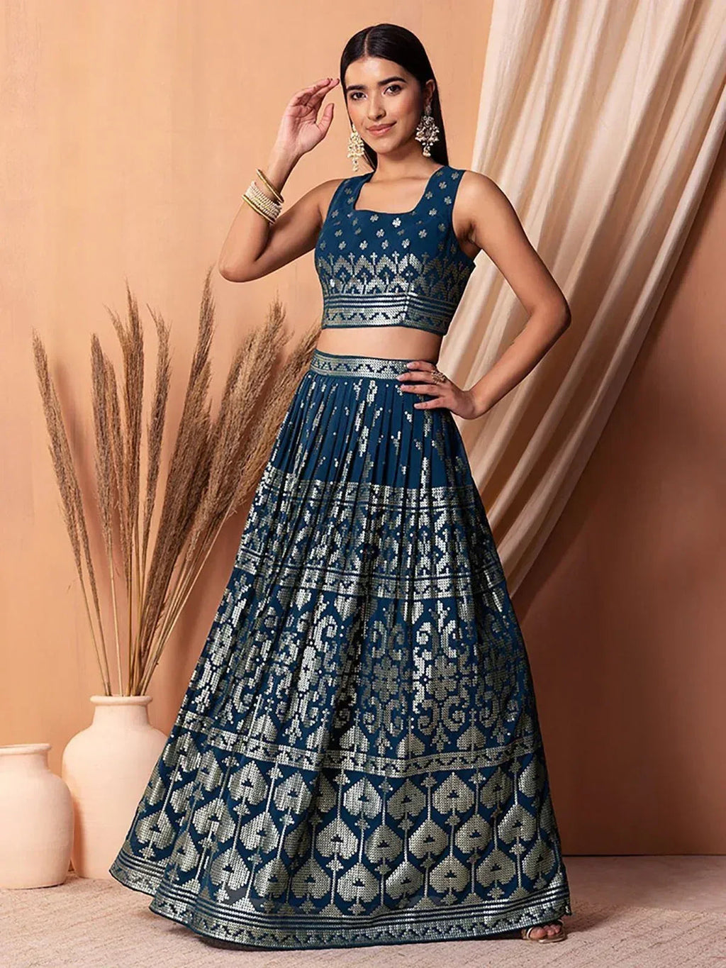 Tulsi Art Charming Blue Sequins Georgette Sangeet Wear Lehenga Choli | Grocsy