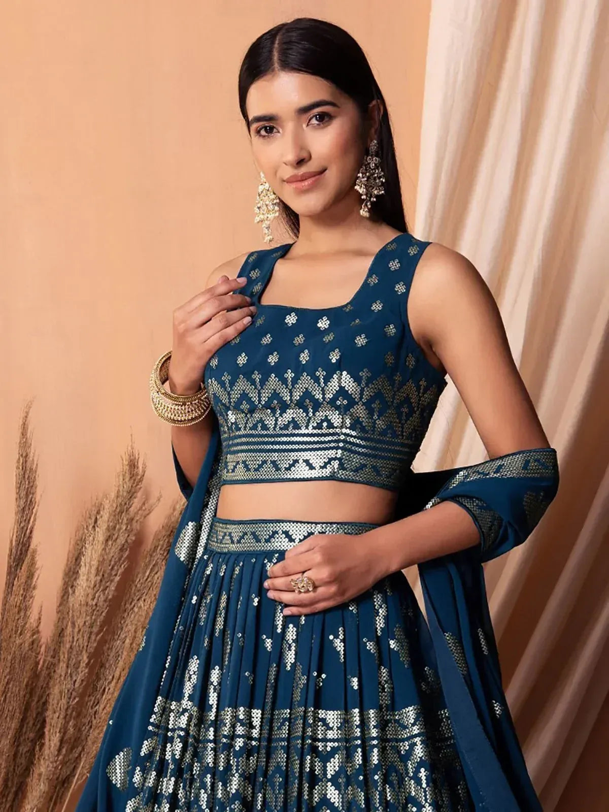 Tulsi Art Charming Blue Sequins Georgette Sangeet Wear Lehenga Choli | Grocsy