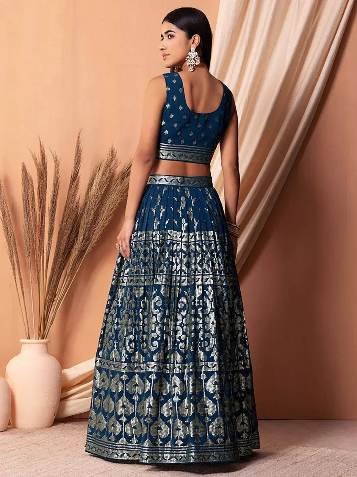 Tulsi Art Charming Blue Sequins Georgette Sangeet Wear Lehenga Choli | Grocsy
