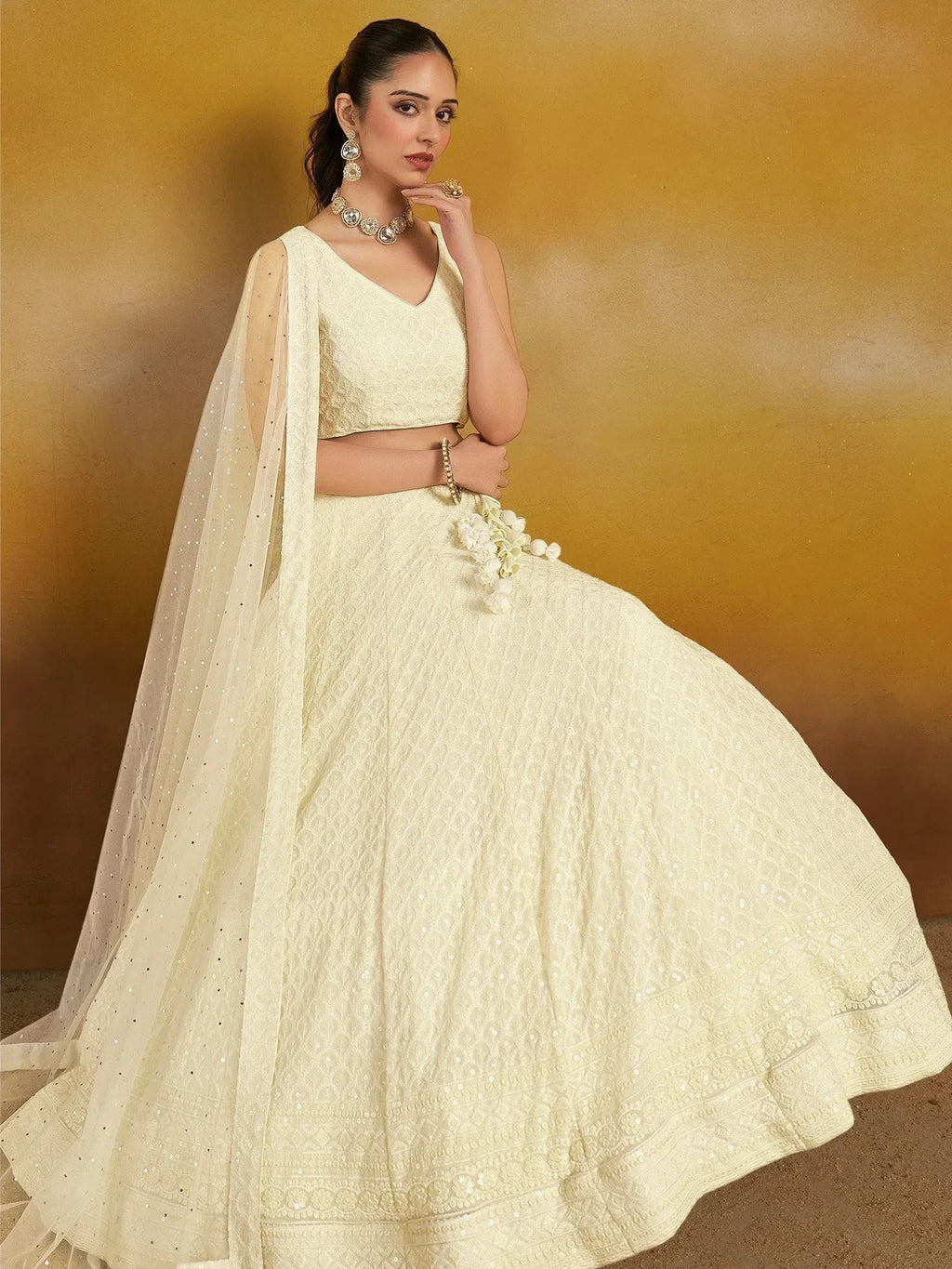 Tulsi Art Charming Off-White Sequins Georgette Festive Wear Lehenga Choli | Grocsy