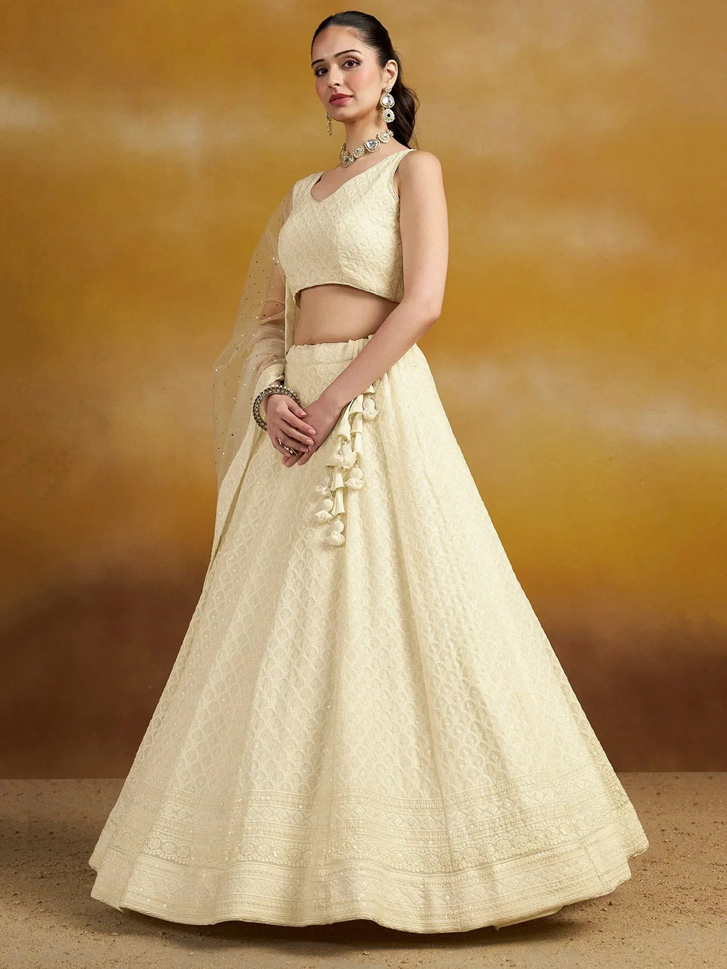 Tulsi Art Charming Off-White Sequins Georgette Festive Wear Lehenga Choli | Grocsy