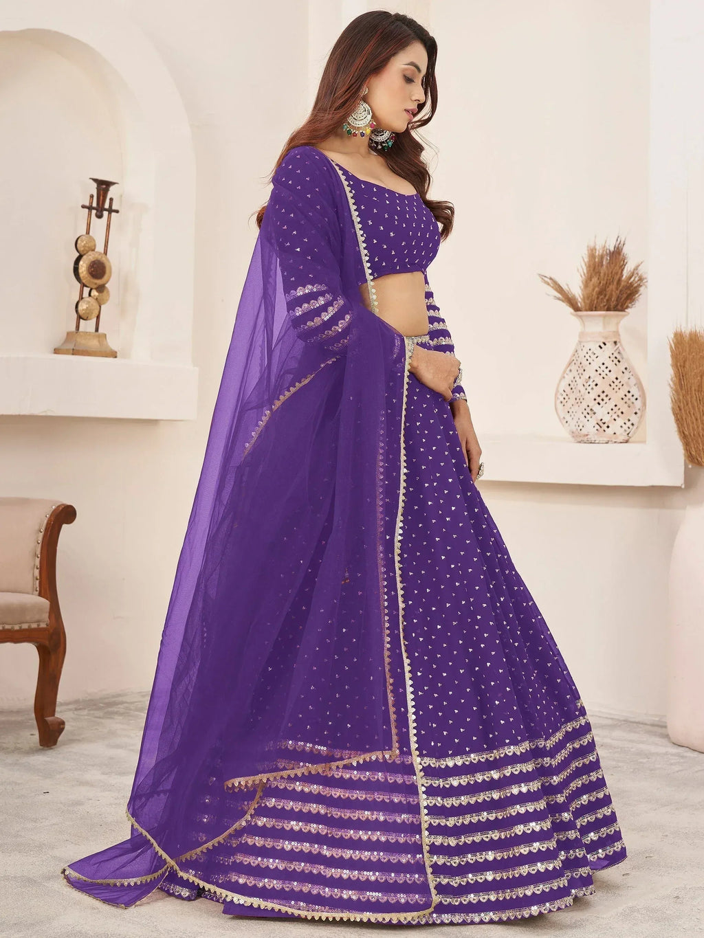 Tulsi Art Charmingâ Violet Sequins Work Georgette Wedding Wear Lehenga Choli | Grocsy