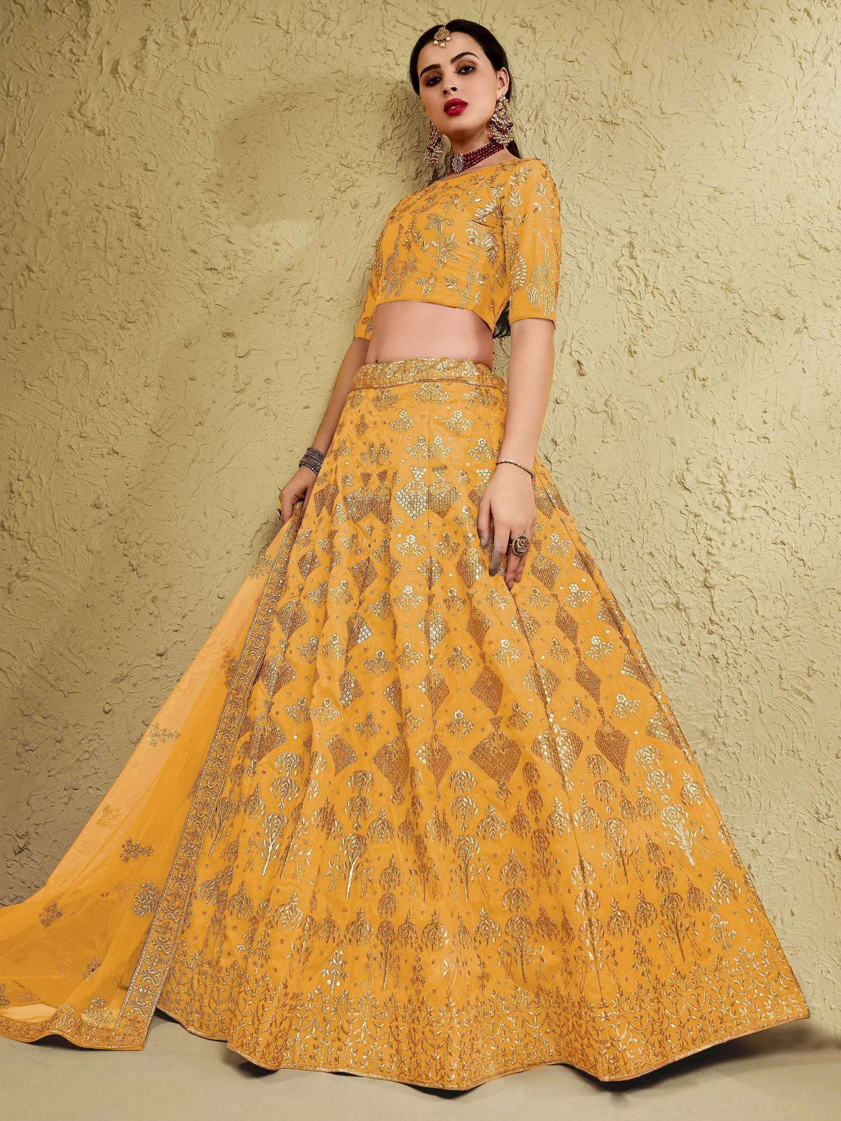 Tulsi Art Charming Yellow Sequins Silk Wedding Lehenga Choli With Net Dupatta | Grocsy