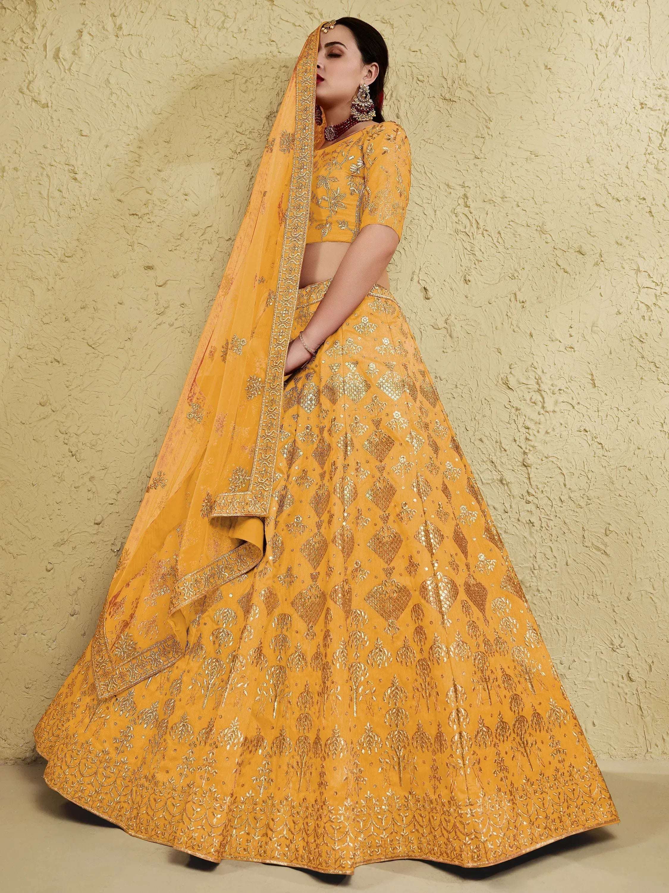 Tulsi Art Charming Yellow Sequins Silk Wedding Lehenga Choli With Net Dupatta | Grocsy
