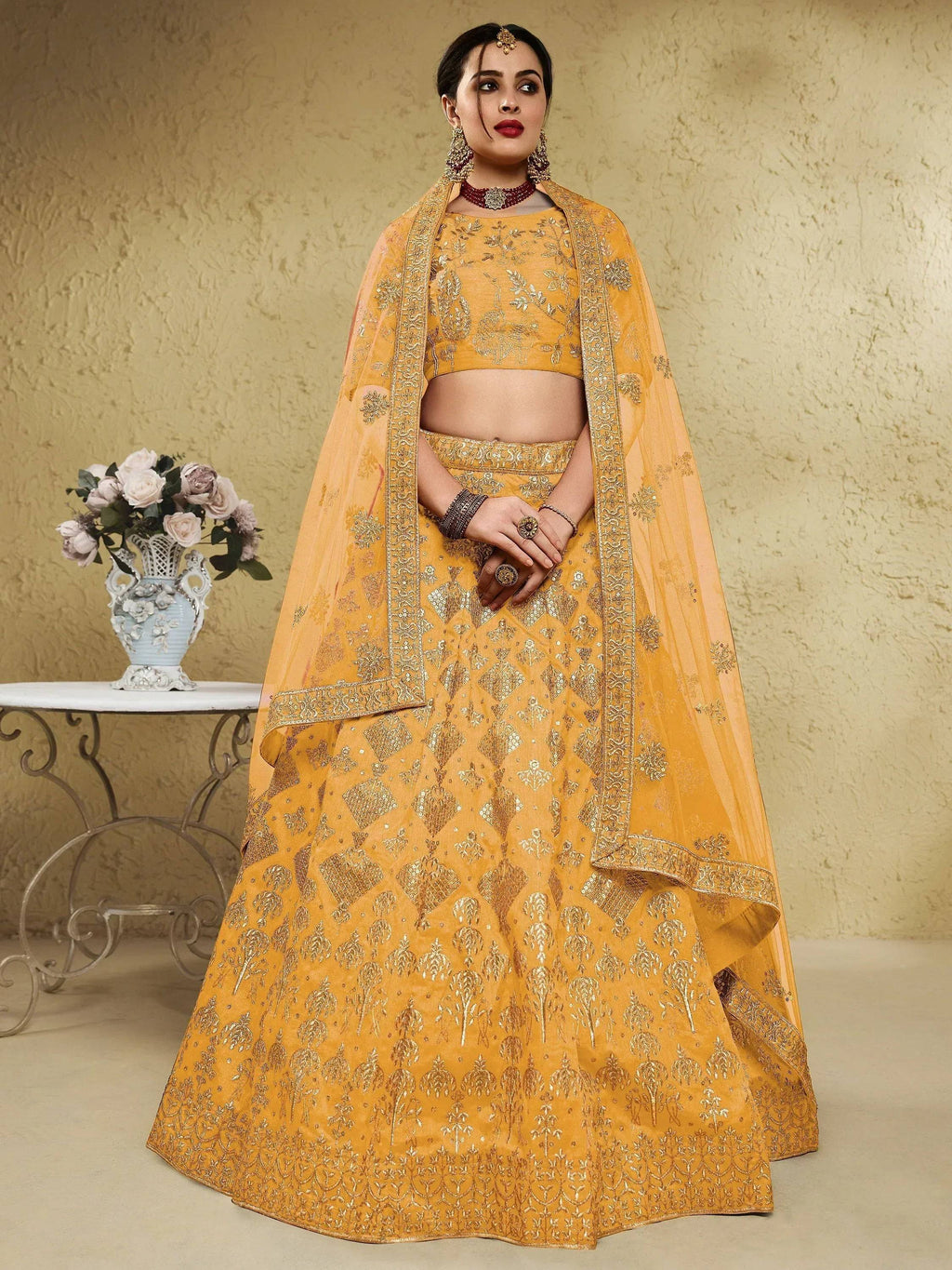 Tulsi Art Charming Yellow Sequins Silk Wedding Lehenga Choli With Net Dupatta | Grocsy