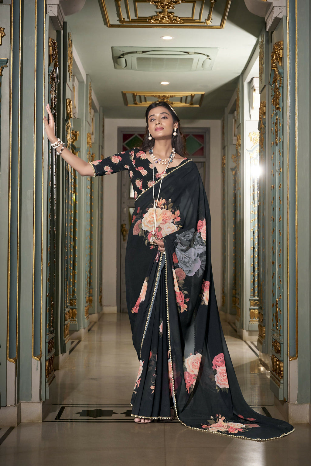 Vastranavya Black Spectacular Georgette Printed with Pearl Lace Saree with Unstitched Blouse | Grocsy