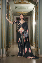 Vastranavya Black Spectacular Georgette Printed with Pearl Lace Saree with Unstitched Blouse | Grocsy