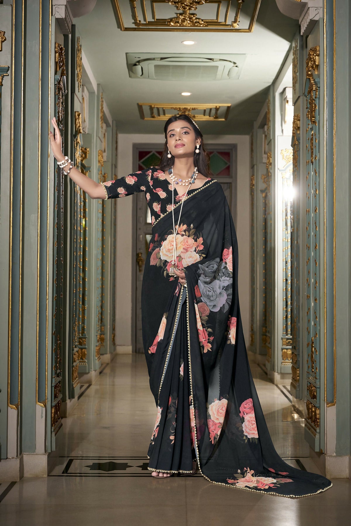 Vastranavya Black Spectacular Georgette Printed with Pearl Lace Saree with Unstitched Blouse | Grocsy