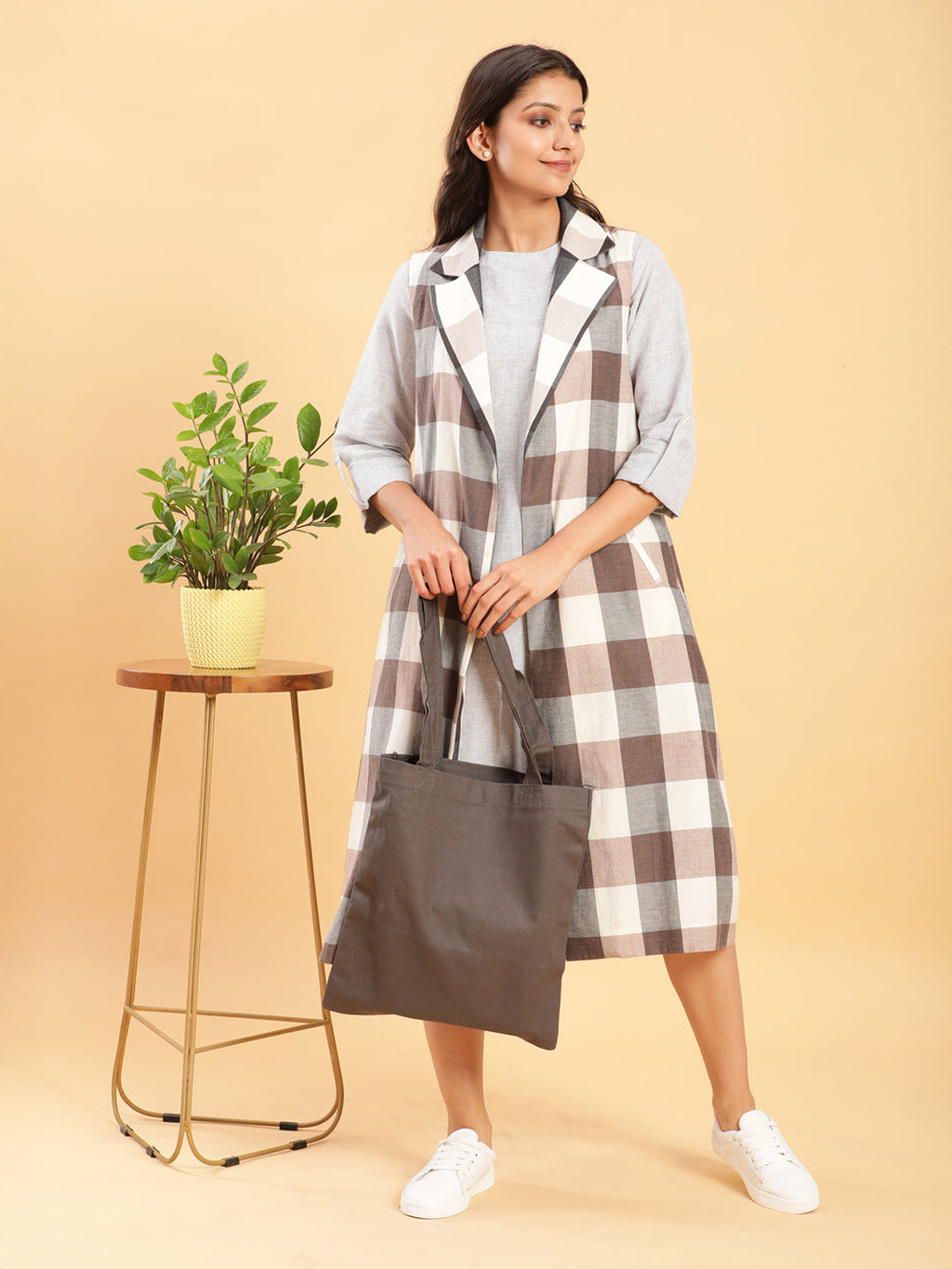 BohoJazz Earthy Check Linen Jacket with Fine Check Linen Dress | Grocsy