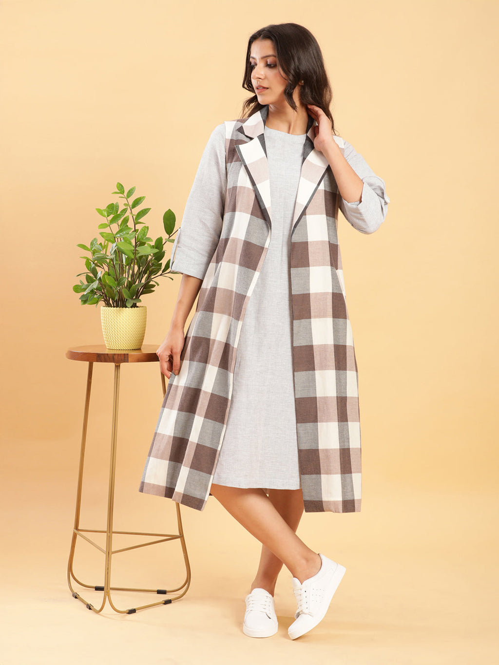 BohoJazz Earthy Check Linen Jacket with Fine Check Linen Dress | Grocsy