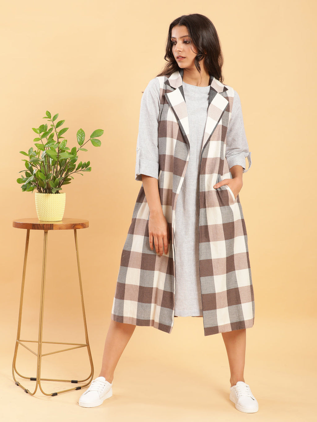 BohoJazz Earthy Check Linen Jacket with Fine Check Linen Dress | Grocsy