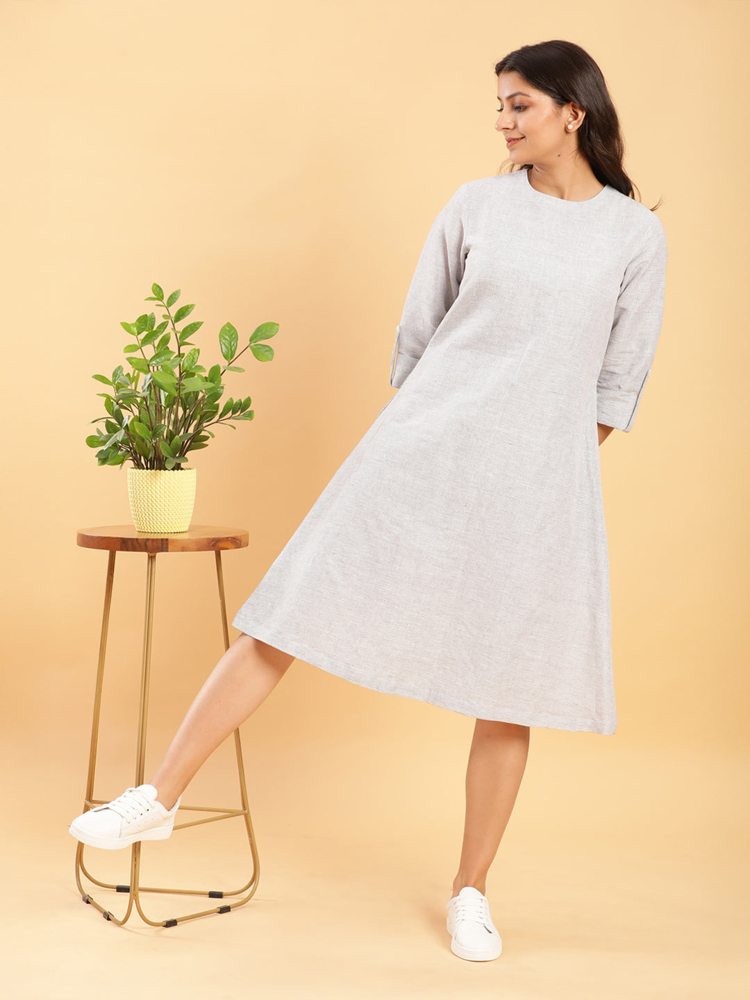 BohoJazz Earthy Check Linen Jacket with Fine Check Linen Dress | Grocsy