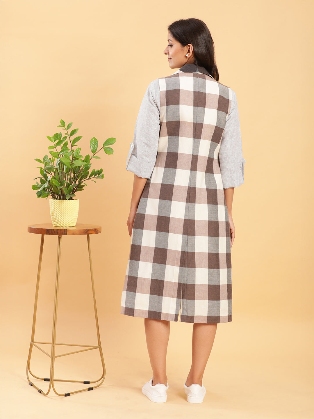 BohoJazz Earthy Check Linen Jacket with Fine Check Linen Dress | Grocsy