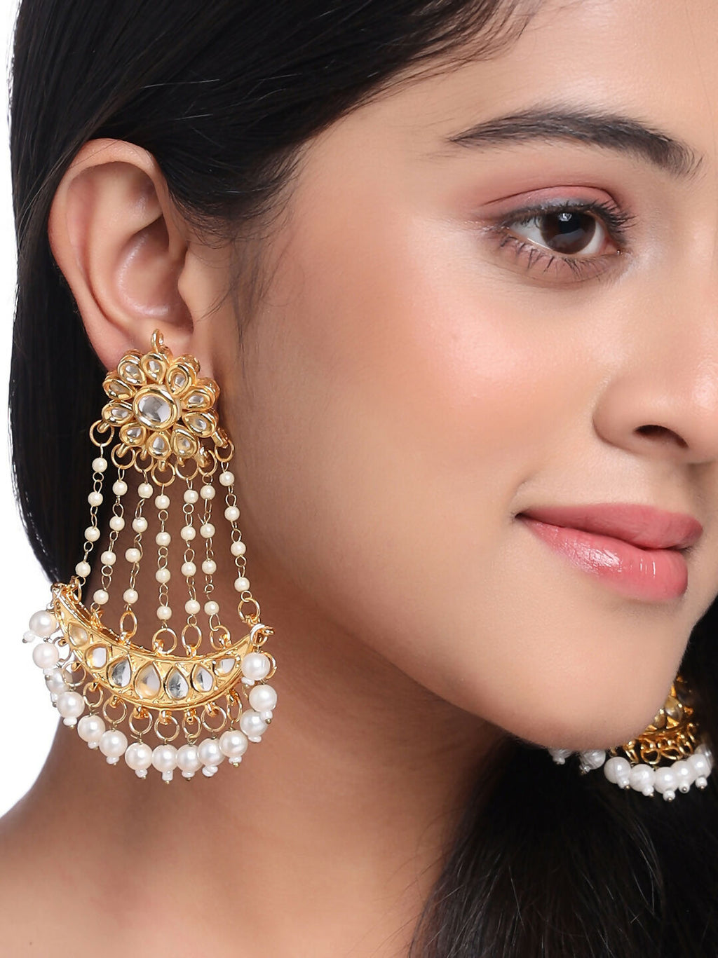 NVR Women Gold-Polished Kundan Chandbali Earrings | Grocsy