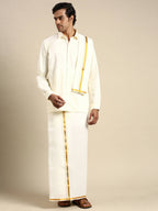 Ramraj Cotton Premium Wedding Cream Regular Dhoti, Shirt & Towel Set Golden Reward | Grocsy